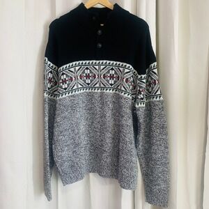 Chaps Mens Sweater XL Black Gray Fair Isle Geometric Mock Neck Button NWT Cotton